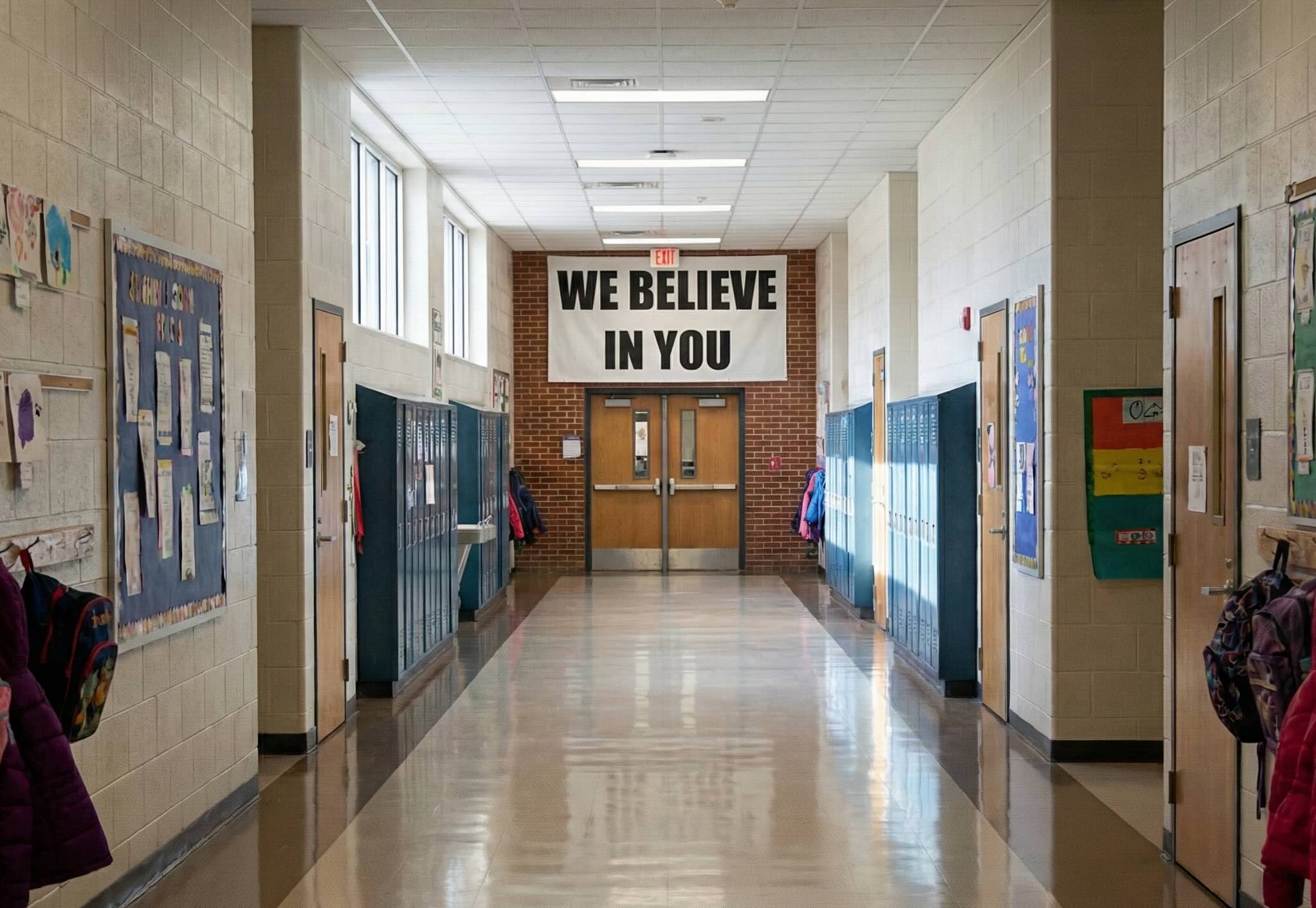 School hallway with WE BELIEVE IN YOU banner