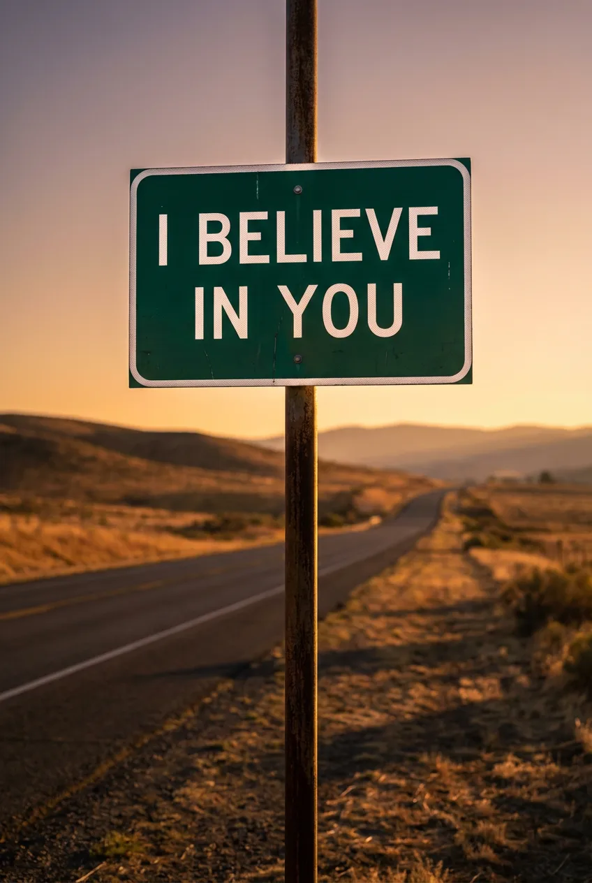 I BELIEVE IN YOU road sign on a road at golden hour