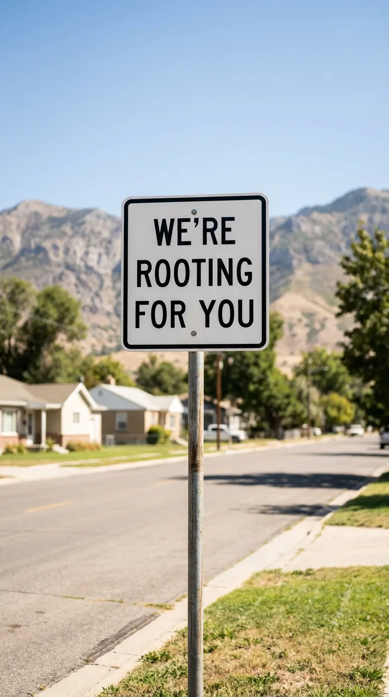 WE'RE ROOTING FOR YOU road sign on a busy rush hour highway