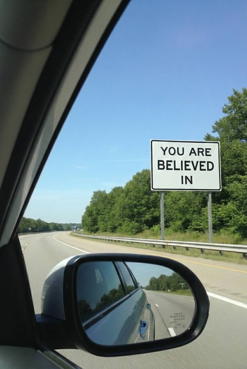 YOU ARE BELIEVED IN road sign on a highway