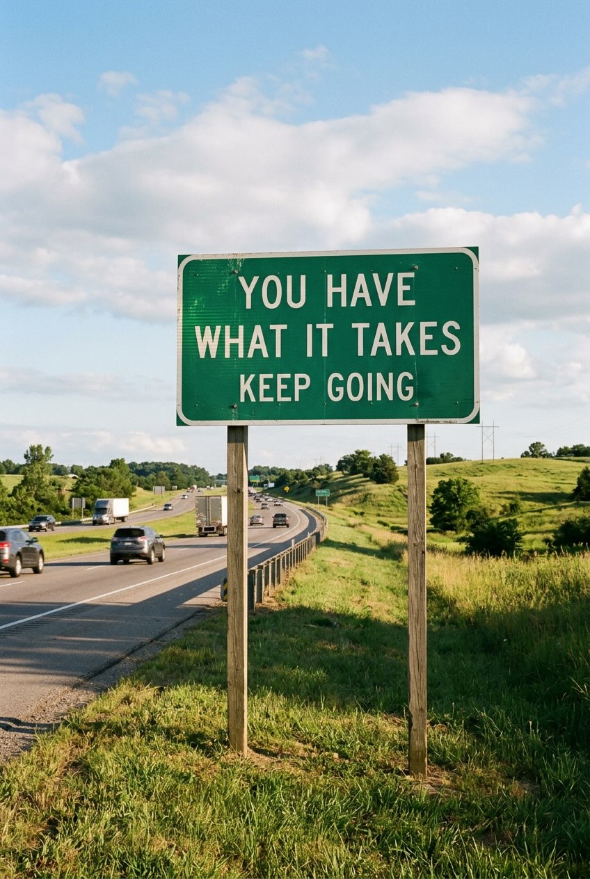 YOU HAVE WHAT IT TAKES KEEP GOING road sign on a highway